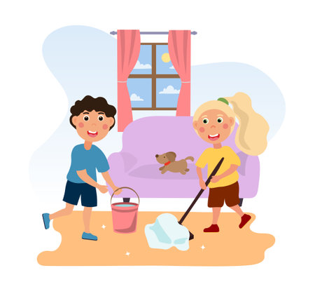 Kids doing housework chores at homeのイラスト素材
