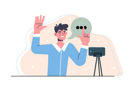 Young male character is working as a freelance bloggerのイラスト素材