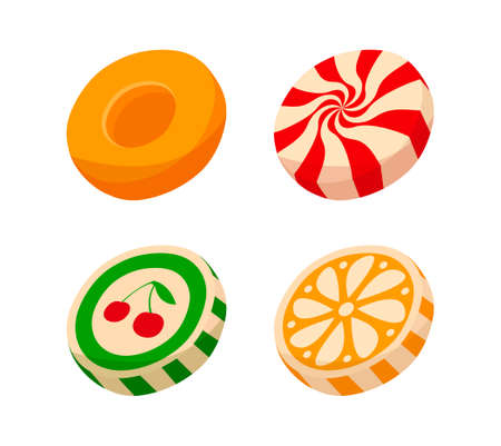 Colorful striped candy pieces with fruit picture on white backgroundのイラスト素材