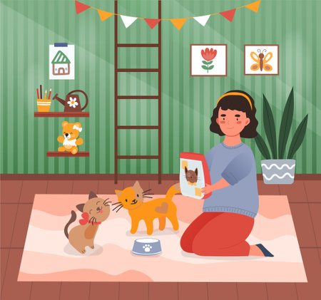 Cute little girl is feeding her cat at homeのイラスト素材