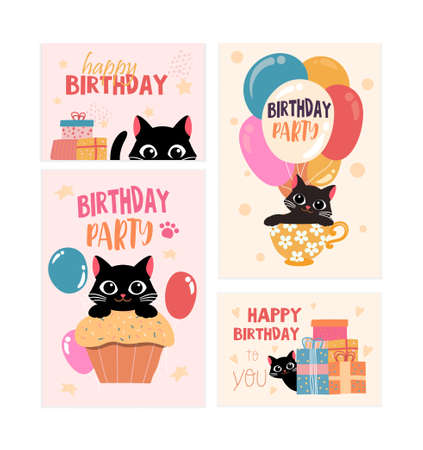Set of happy birthday greeting card and party invitation with black catのイラスト素材