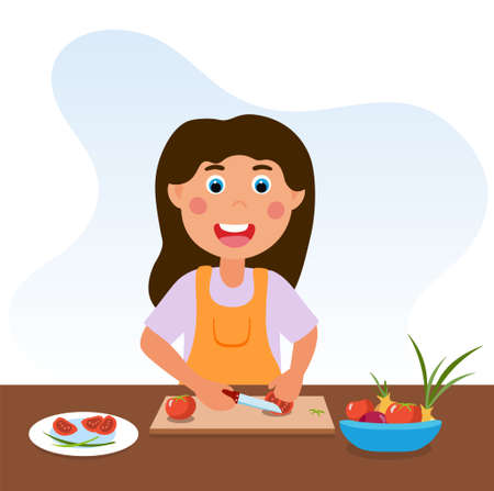 Cute happy little kid is cooking vegetablesのイラスト素材