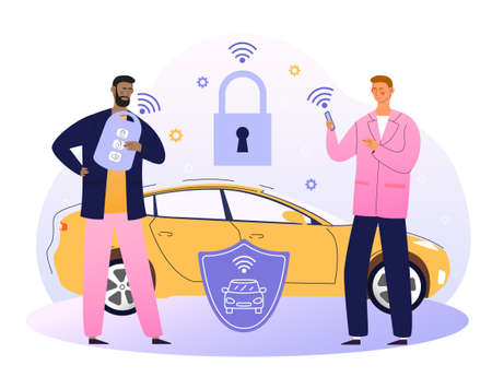 Businessman with car remote key and shield at car