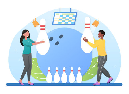 Cheerful male and female characters are playing bowling togetherのイラスト素材
