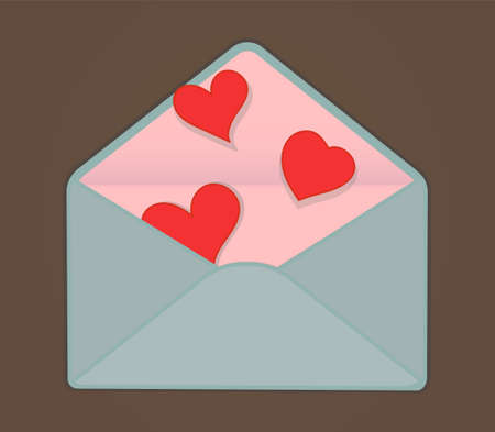 Cute pink and grey open envelope with red hearts on brown backgroundのイラスト素材