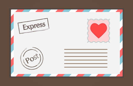 Cute white sealed envelope with heart stamp and express lettering on brown backgroundのイラスト素材