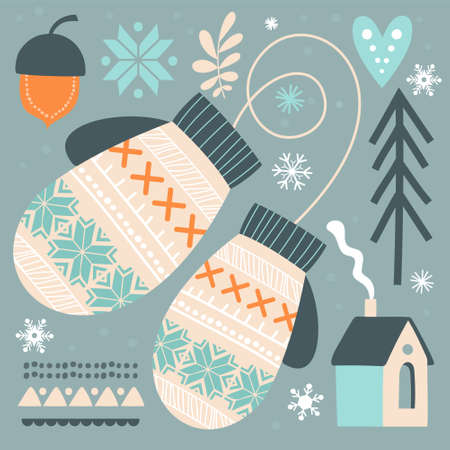 Beautiful abstract postcard with winter gloves in scandinavian styleのイラスト素材