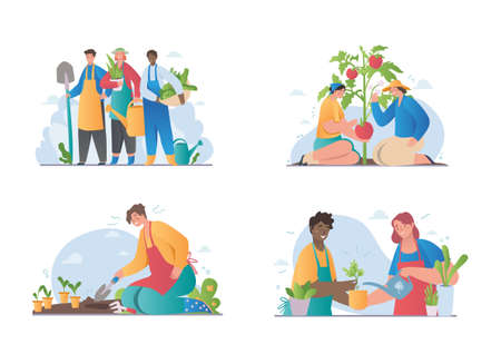 Set of different people enjoy gardening and plantingのイラスト素材