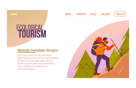 Male character is climbing up the mountain in forest with backpackのイラスト素材