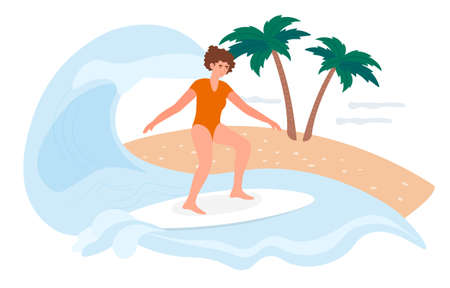 Happy female surfer is surfing on board on a summer vacationのイラスト素材