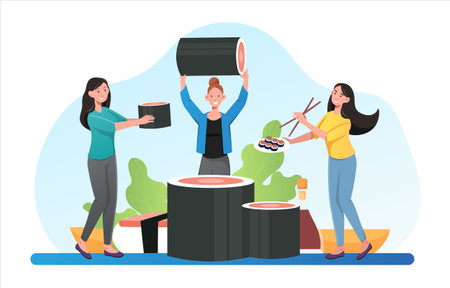 Three smiling female characters are eating sushi together i a restaurantのイラスト素材