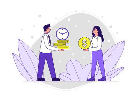 Male and female characters giving each other money and business timingのイラスト素材