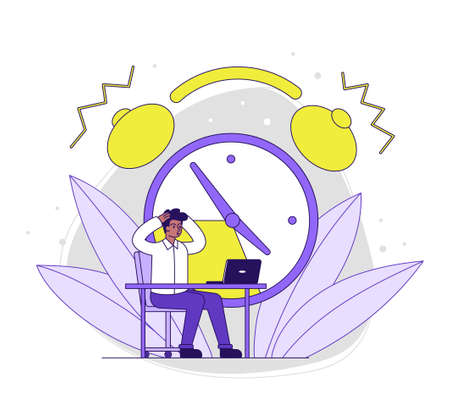 Male character is working on laptop with clock ringingのイラスト素材