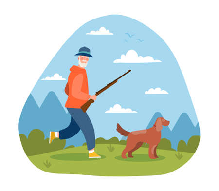 Grey male elderly character with gun and dog hunting outdoors.のイラスト素材
