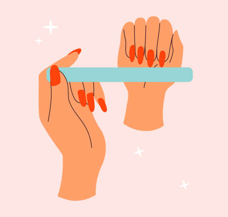 Sticker of female hand filing nails polish on pink backgroundのイラスト素材