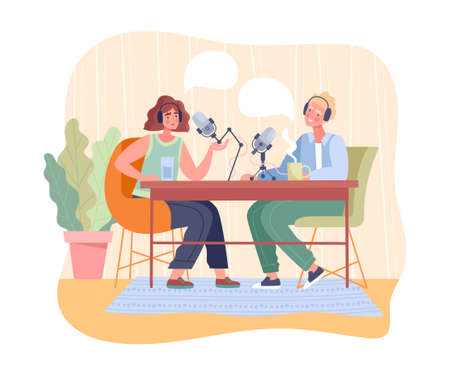 Blogger is recording podcast with special guest in studioのイラスト素材