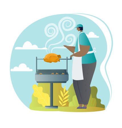 Cheerful man cooking delicious crispy chicken.のイラスト素材