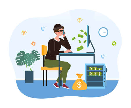 Social media fraud, swindler working at computer.のイラスト素材