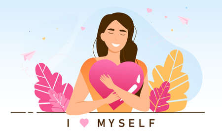 Young female character is practicing self loveのイラスト素材