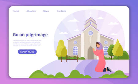 Kneeling female pilgrim reached christian cathedral and prayingのイラスト素材