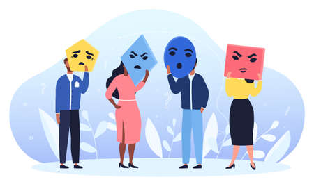 Group of people holding colorful masks with different emotionsのイラスト素材