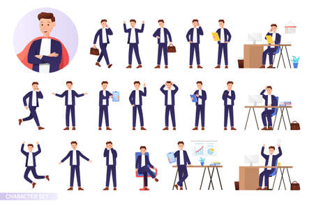 Set of male businessman character in different work situationsのイラスト素材