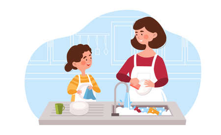 daughter helping her young mother to wash the dishesのイラスト素材