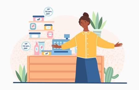 Shop assistant, toiletry assortment beauty productのイラスト素材