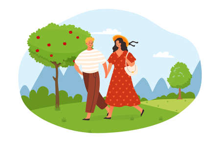 Enamored couple holding hands, spend time togetherのイラスト素材
