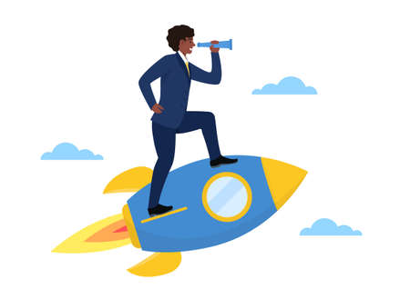 Male businessman is looking through spyglass flying on rocketのイラスト素材