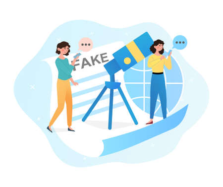 Two young female characters are suffering from fake news on mediaのイラスト素材