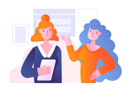 Office scene with two female characters discussing work matterのイラスト素材