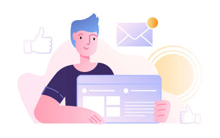 Office scene with young male character working on web interfaceのイラスト素材