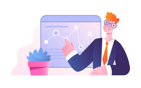 Office scene with young male character studying infographicsのイラスト素材