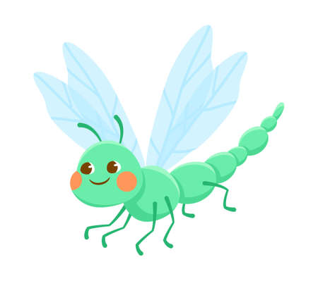 Cute green smiling dragonfly on white backgroundのイラスト素材