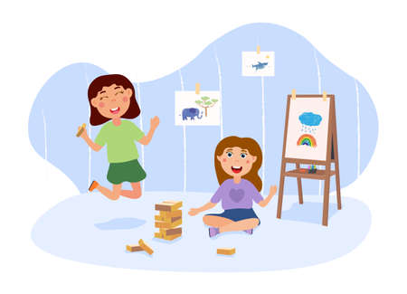 Two little kids are playing jenga in a cute playroom interior togetherのイラスト素材