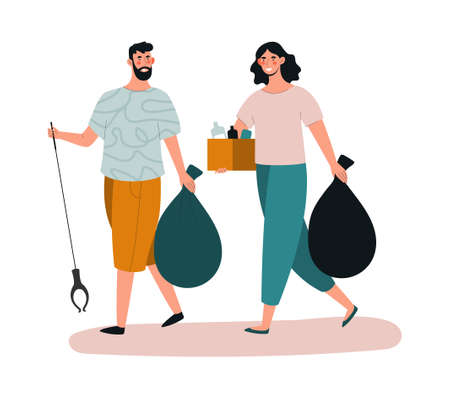 Male and female characters are collecting trash with equipmentのイラスト素材