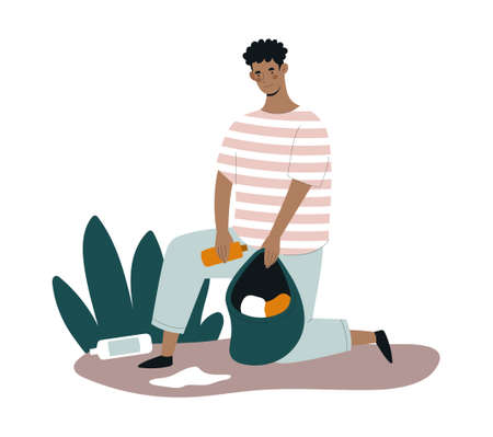 Young male character is collecting plastic trash in a bagのイラスト素材