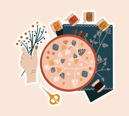 Cute sticker of sewing artwork with flowers, needle and threadのイラスト素材