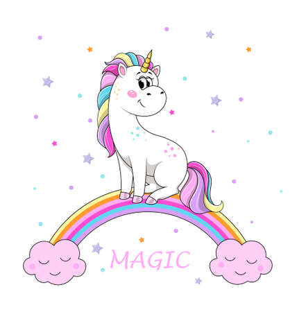Cute sticker with beautiful unicorn with gold horn on rainbow on white backgroundのイラスト素材