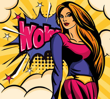 Cute pop art poster of superwoman in blue and violet costumeのイラスト素材