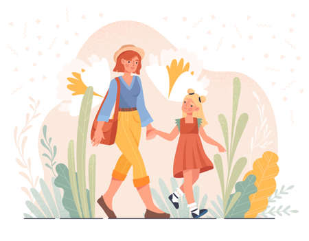 Mother walking with daughterのイラスト素材