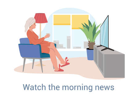 Woman relaxing watching the morning news on TVのイラスト素材