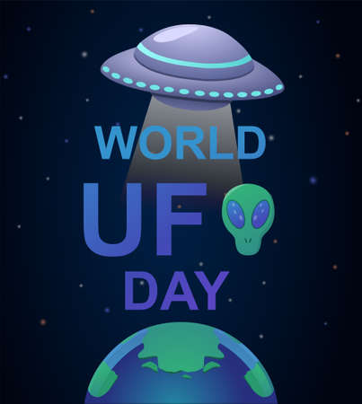 Cute colorful poster with world UFO day lettering with universe o the backgroundのイラスト素材