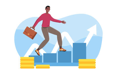 Smiling male sales manager with suitcase walking on growth chartのイラスト素材