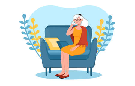 Grey elderly woman is talking on the phone from homeのイラスト素材