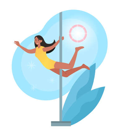 Smiling female character is training pole dance in studioのイラスト素材