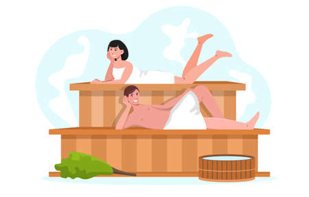 Young smiling male and female characters are spending time in sauna togetherのイラスト素材