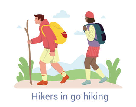 A couple of backpackers going for a hike in the countrysideのイラスト素材