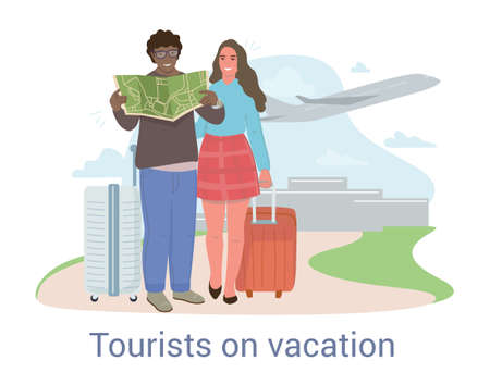 Tourists on vacation concept with multiethnic coupleのイラスト素材